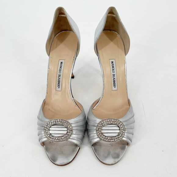 Vintage Manolo Blahnik Silver Leather y2k Sedaraby Crystal D’Orsay Heels IT 41.5 - Picture 9 of 15